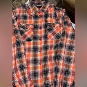 Dixxon Mens Flannel DEFCON POWERSPORTS Orange & Black Plaid Flannel Button Up LT